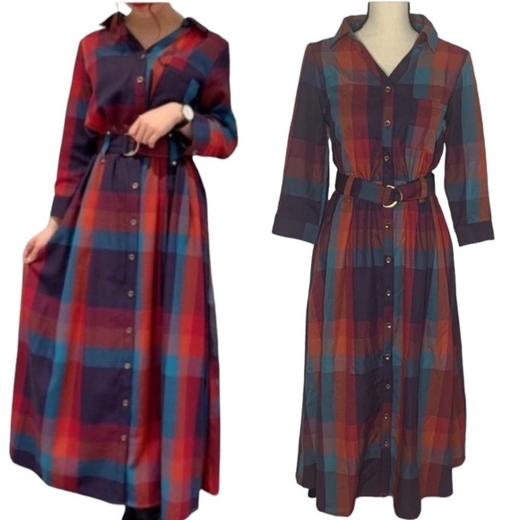 Redyazel Plaid Button Down A-Line Prairie Maxi Dress - Picture 1 of 15